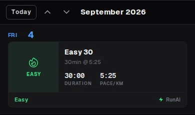 Current RunAI mobile calendar showing a planned Easy 30 session with duration, pace and RunAI provenance
