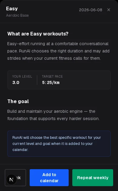 Current RunAI mobile workout detail for an Easy aerobic-base session with goal, level, pace and add-to-calendar controls